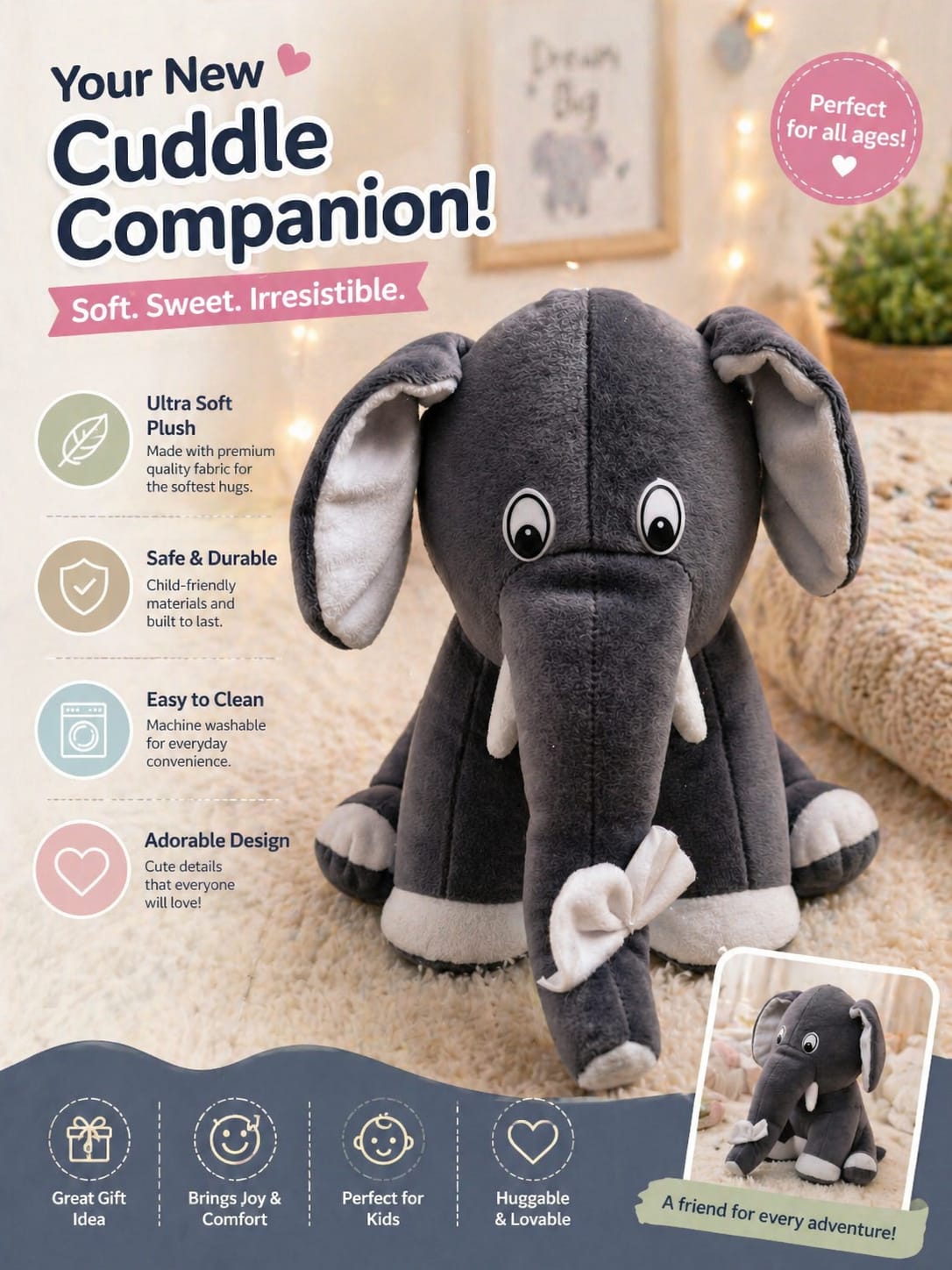 Super soft GREY SITTING ELEPHANT/Cute and adorable stuffed animal / soft toys for kids, special occasions & gifting